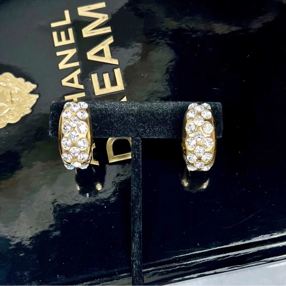 Chanel Vintage Crystal & Gold Plated Half Moon Clip-On Earrings